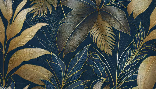 Toilet Wallpaper Mural | Golden Leaves on Midnight Blue Background - Carving wallpaper