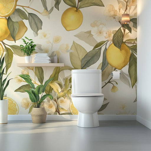 Toilet Wallpaper Mural | Golden Lemons and Flowers in Soft Watercolor - Carving wallpaper