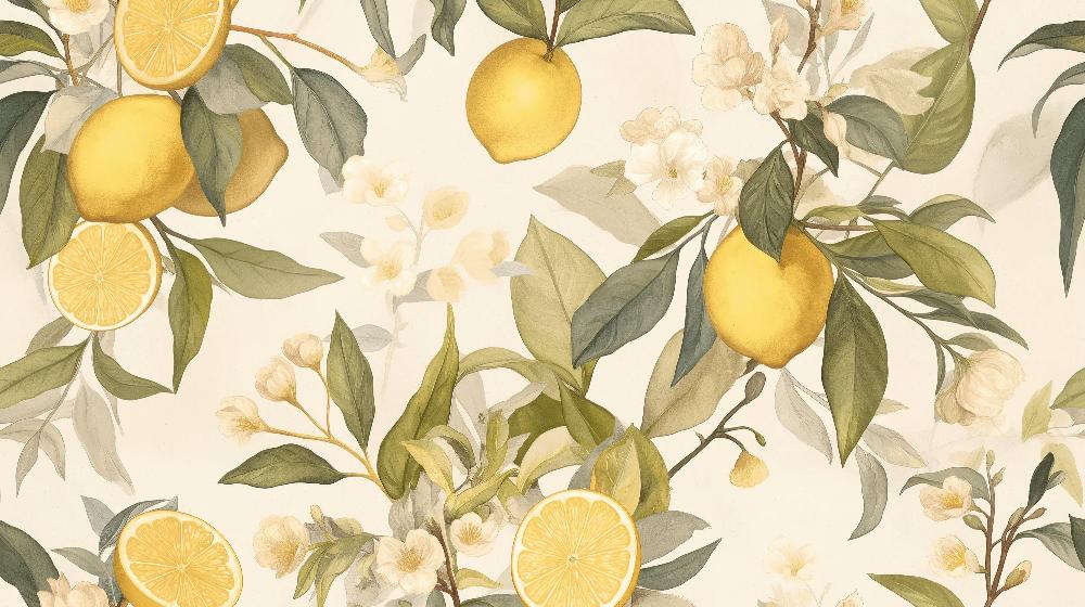 Toilet Wallpaper Mural | Golden Lemons and Flowers in Soft Watercolor - Carving wallpaper