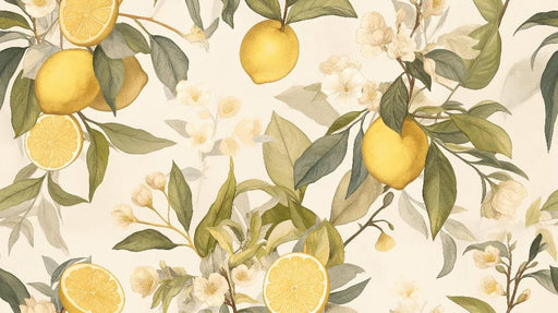 Toilet Wallpaper Mural | Golden Lemons and Flowers in Soft Watercolor - Carving wallpaper