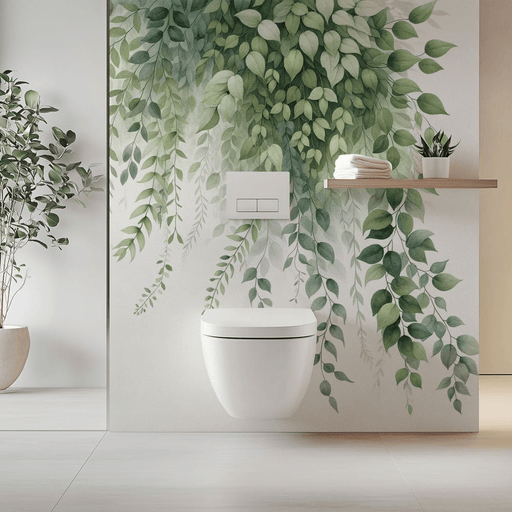 Toilet wallpaper mural | Hanging leaves in soft green shadows - Carving wallpaper