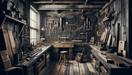Tool wallpaper mural | Old workshop equipped with machines and tools - Carving wallpaper