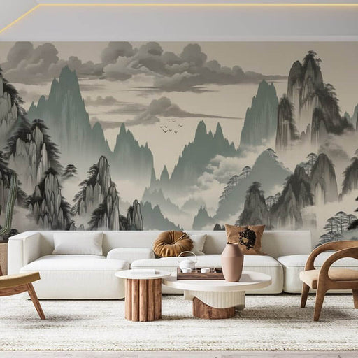 Tranquil Chinese Landscape Wallpaper Mural: Pine Trees, Mountains & Flying Birds for Bedroom/Living Room