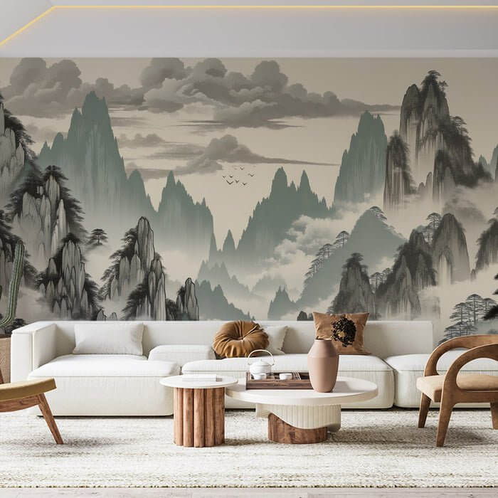 Tranquil Chinese Landscape Wallpaper Mural: Pine Trees, Mountains & Flying Birds for Bedroom/Living Room