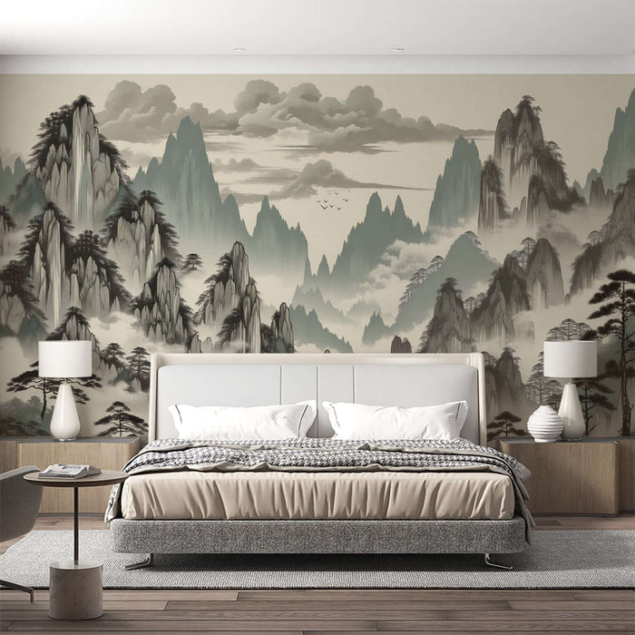 Tranquil Chinese Landscape Wallpaper Mural: Pine Trees, Mountains & Flying Birds for Bedroom/Living Room