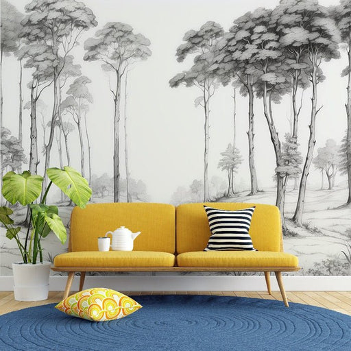 Tree Wallpaper Mural | Black and White Animated Forest - Carving wallpaper