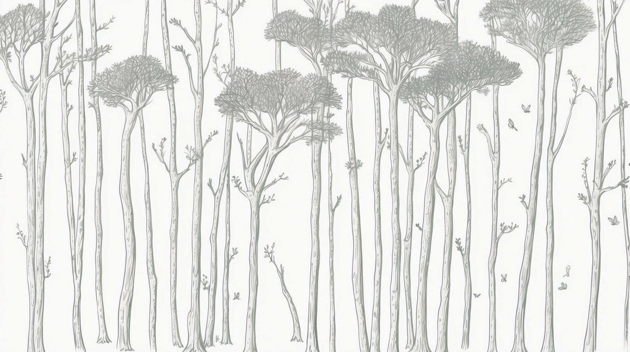 Tree wallpaper mural | Black and white forest - Nordic minimalist line art forest scene with tall slender trees, birds, leaves on light background