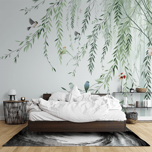 Tree wallpaper mural | Green drooping leaves and colorful birds - Carving wallpaper
