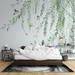 Tree wallpaper mural | Green drooping leaves and colorful birds - Carving wallpaper
