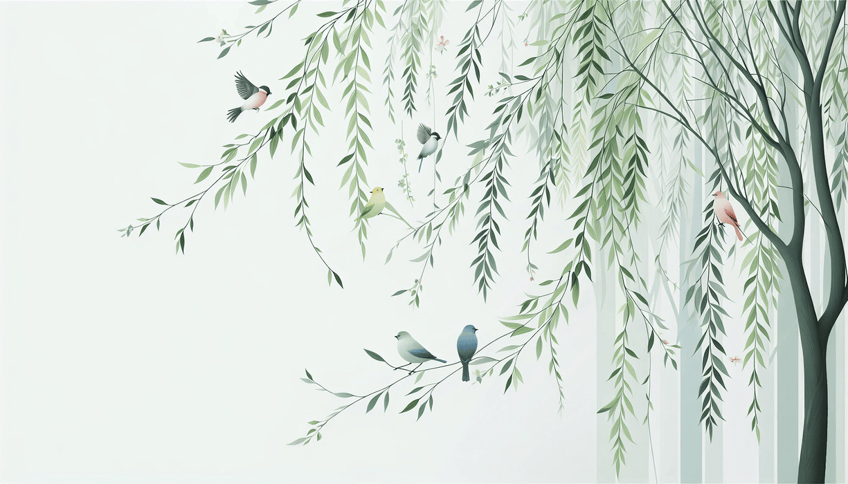 Tree wallpaper mural | Green drooping leaves and colorful birds - Carving wallpaper