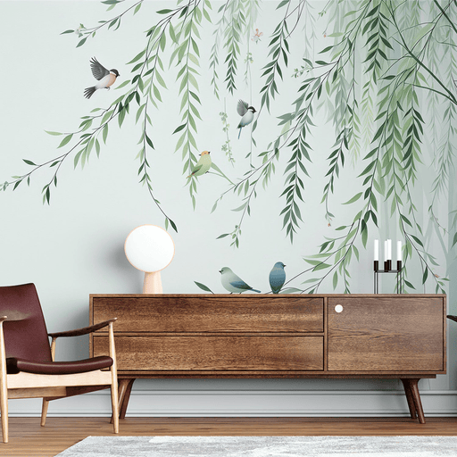 Tree wallpaper mural | Green drooping leaves and colorful birds - Carving wallpaper
