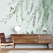 Tree wallpaper mural | Green drooping leaves and colorful birds - Carving wallpaper
