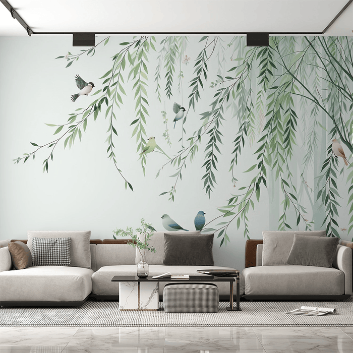 Tree wallpaper mural | Green drooping leaves and colorful birds - Carving wallpaper