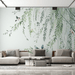 Tree wallpaper mural | Green drooping leaves and colorful birds - Carving wallpaper