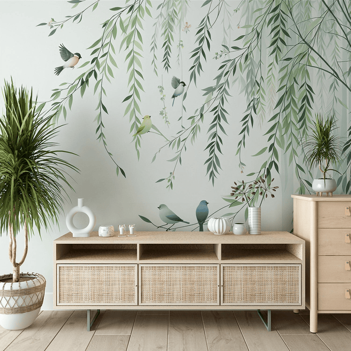 Tree wallpaper mural | Green drooping leaves and colorful birds - Carving wallpaper