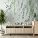 Tree wallpaper mural | Green drooping leaves and colorful birds - Carving wallpaper