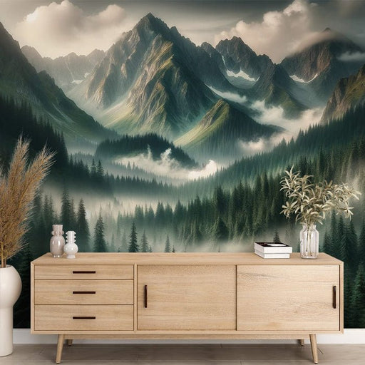 Tree Wallpaper Mural | Illustrations of Mountains and Firs - Carving wallpaper