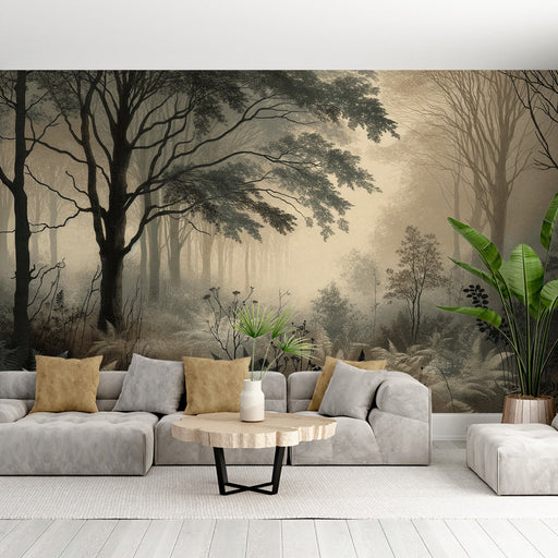 Tree wallpaper mural | Retro black and white fern forest - Carving wallpaper