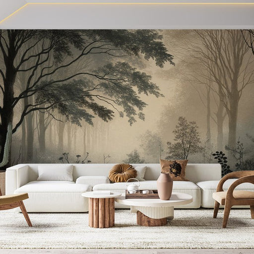 Tree wallpaper mural | Retro black and white fern forest - Carving wallpaper