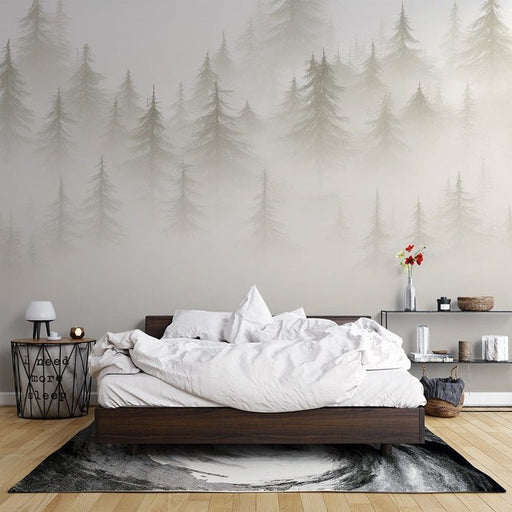 Tree wallpaper mural | Shadow and fog of fir forest - Carving wallpaper