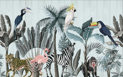 Tropical animal and plant mural wallpaper | Zebra parrot flamingo children's wallpaper - Carving wallpaper