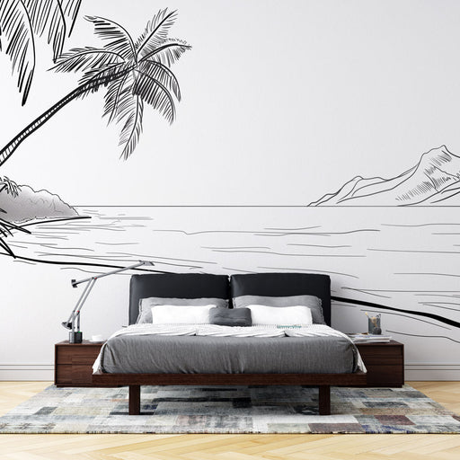 Tropical Beach Wallpaper Mural | Black and White Style - Carving wallpaper