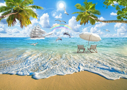 Tropical Beach Wallpaper Mural | Palm Trees - vibrant beach scene with palm trees, turquoise sea, white sand, sailboat, dolphins, rainbow, seagulls, and relaxing beach chairs under umbrellas