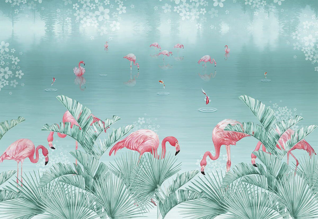 Tropical Flamingo Oasis Wallpaper Mural – Mint Waters & Botanical Elegance