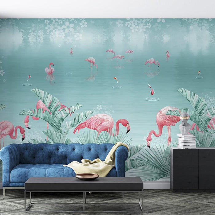 Tropical Flamingo Oasis Wallpaper Mural – Mint Waters & Botanical Elegance