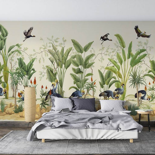Tropical Flamingo & Parrot Wallpaper Mural | Botanical Déco Murale | Fait Main Look - vibrant tropical birds among lush greenery with pink flamingos and parrots in a chic French home bedroom