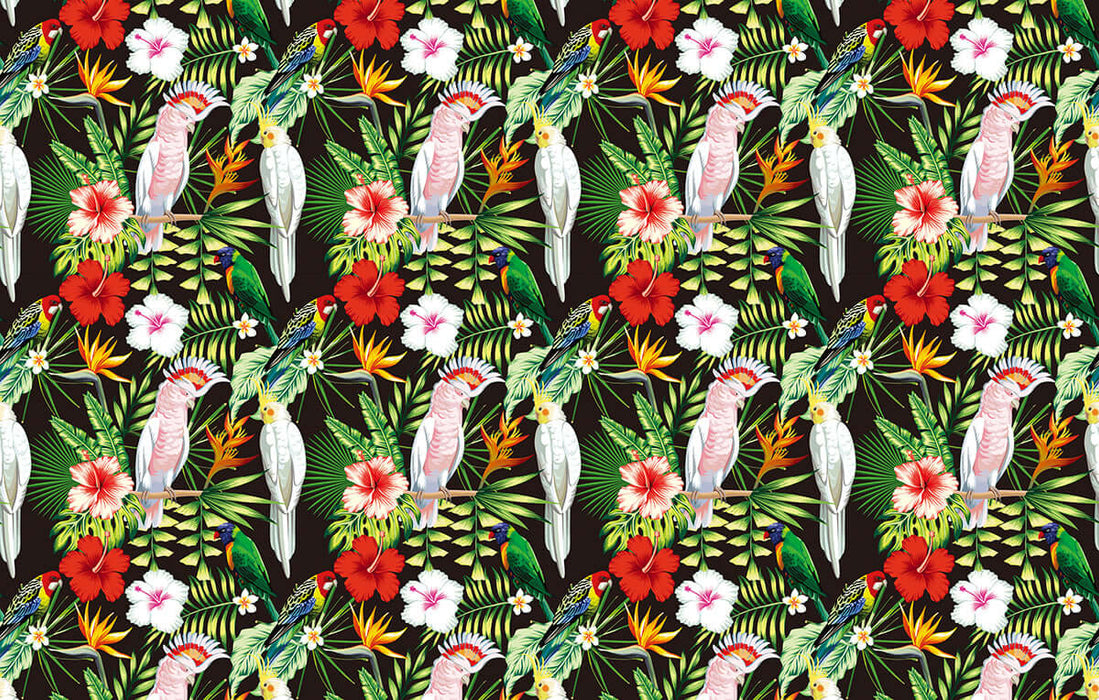 Tropical Flower and Bird Wallpaper | Jungle Style Art Mural - lush tropical birds and vibrant flowers wallpaper featuring parrots and leaves in saturated colors