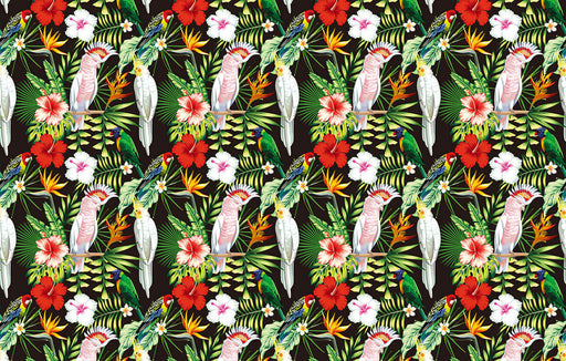 Tropical Flower and Bird Wallpaper | Jungle Style Art Mural - lush tropical birds and vibrant flowers wallpaper featuring parrots and leaves in saturated colors