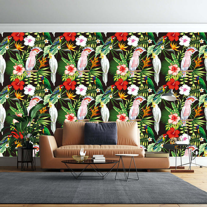 Tropical Flower and Bird Wallpaper | Jungle Style Art Mural: vibrant parrots, tropical flowers, and lush greenery decorating living room backdrop