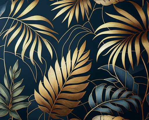 Tropical Golden Leaf Wallpaper Mural | Gold and Blue Green - Carving wallpaper