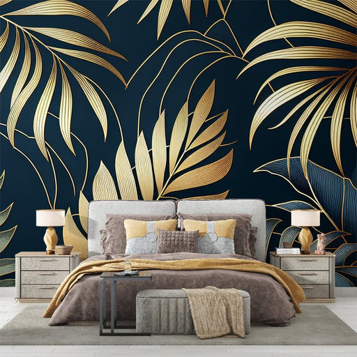 Tropical Golden Leaf Wallpaper Mural | Gold and Blue Green - Carving wallpaper