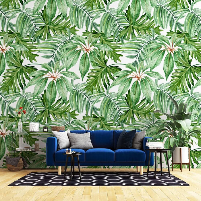 Tropical Green Leaf Mural | Nature-Forward Wallpaper for French Home — lush tropical leaves wallpaper accent for living room wall
