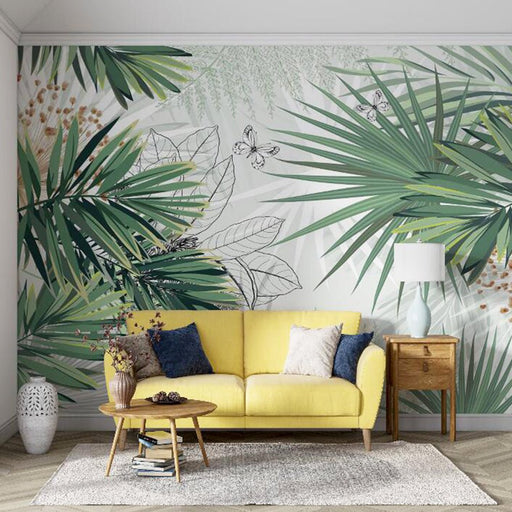 Tropical green plant leaf mural | Green leaf butterfly wallpaper - Carving wallpaper
