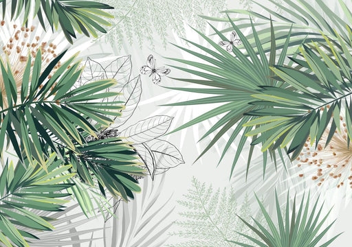 Tropical green plant leaf mural | Green leaf butterfly wallpaper - Carving wallpaper