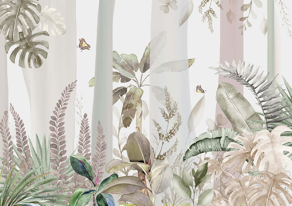Tropical green plant wallpaper | Natural decoration painting for bedroom and living room - rainforest sanctuary design with tropical greenery and butterfly elements