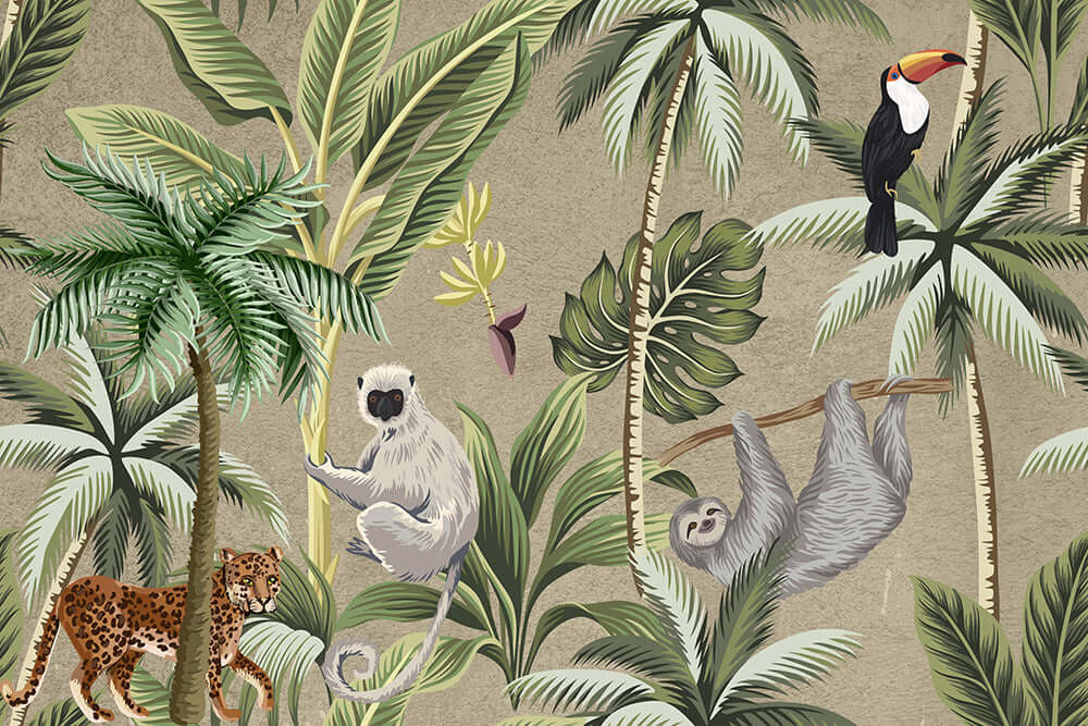 Tropical Jungle Animal Wallpaper Mural | Children's Room Fun Decoration featuring lush palm trees, sloth, cheetah, toucan, and orangutan for a playful kids' room