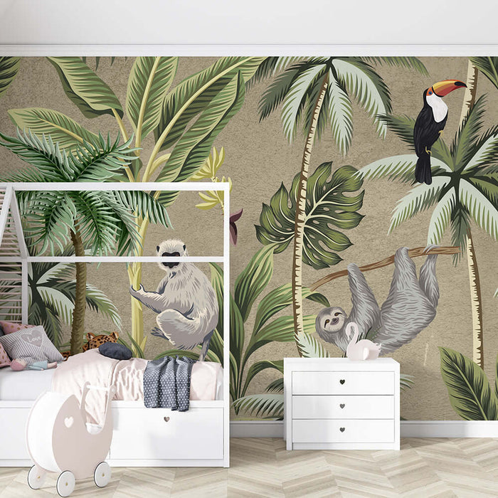 Tropical Jungle Animal Wallpaper Mural | Children's Room Fun Decoration - lush jungle wall with palm trees, sloth, toucan, and playful sloth decor for kids' room