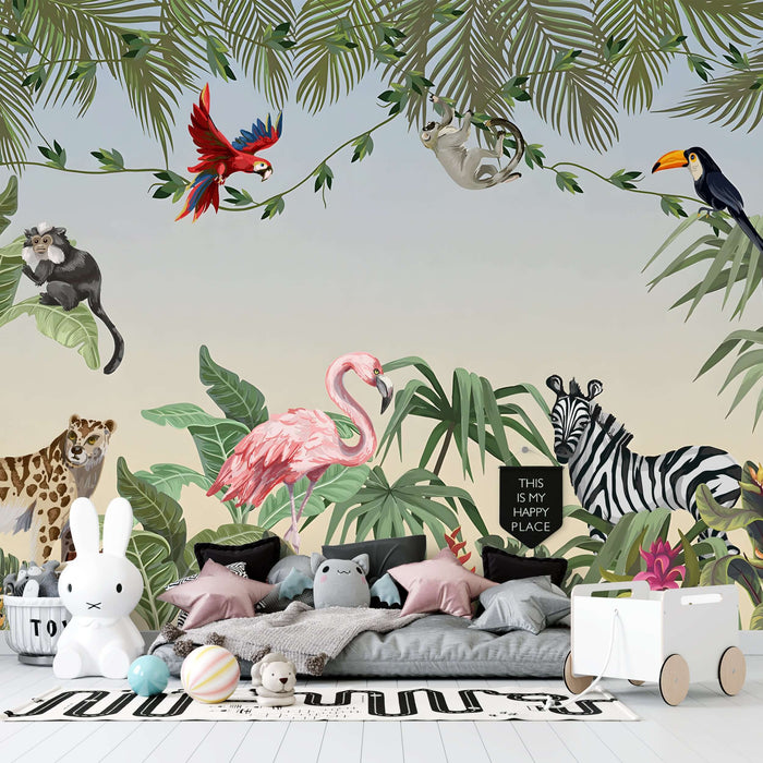Tropical Jungle Animal Wallpaper – Natural Adventure Decor – vibrant tropical mural with flamingo, parrot, tiger, zebra, and lush foliage for adventurous home decor