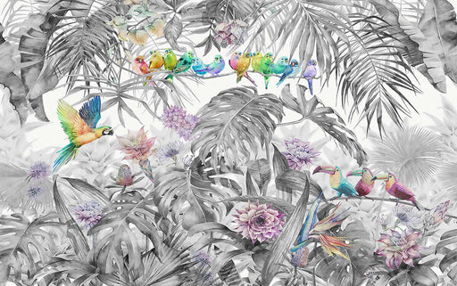 Tropical Jungle Flower and Bird Wallpaper Mural | Rainforest Style Wallpaper