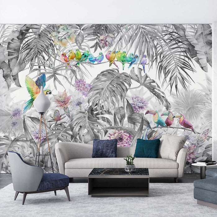 Tropical Jungle Flower and Bird Wallpaper Mural | Rainforest Style Wallpaper