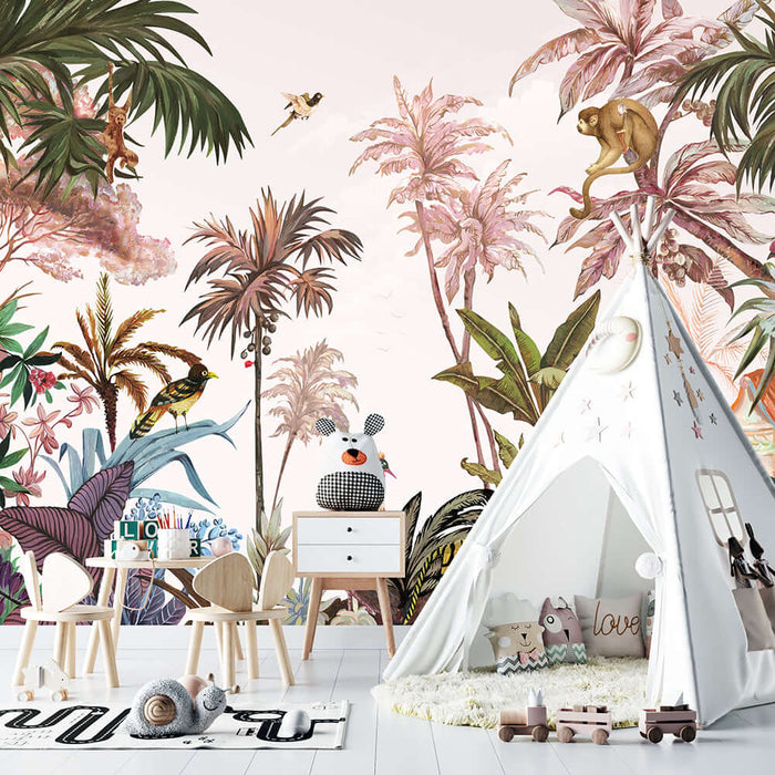Tropical Jungle Retro Wallpaper Mural | Vintage Animal Print Decor for Living Room & Bedroom with tiger and monkey motif in a chic nursery setting