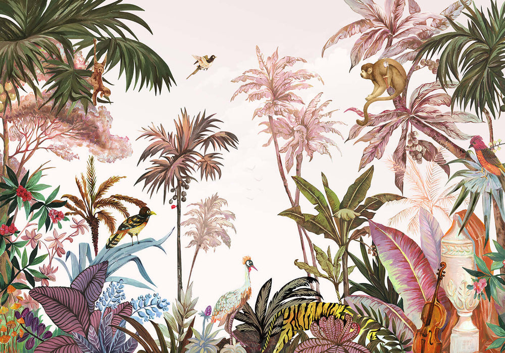 Tropical Jungle Retro Wallpaper Mural | Vintage Animal Print Decor for Living Room & Bedroom featuring tigers, monkeys, tropical plants