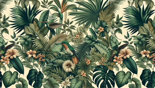 Tropical Jungle Wallpaper Mural | Abundant Leaves and Hummingbirds - Carving wallpaper