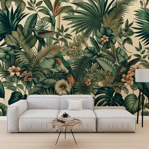 Tropical Jungle Wallpaper Mural | Abundant Leaves and Hummingbirds - Carving wallpaper
