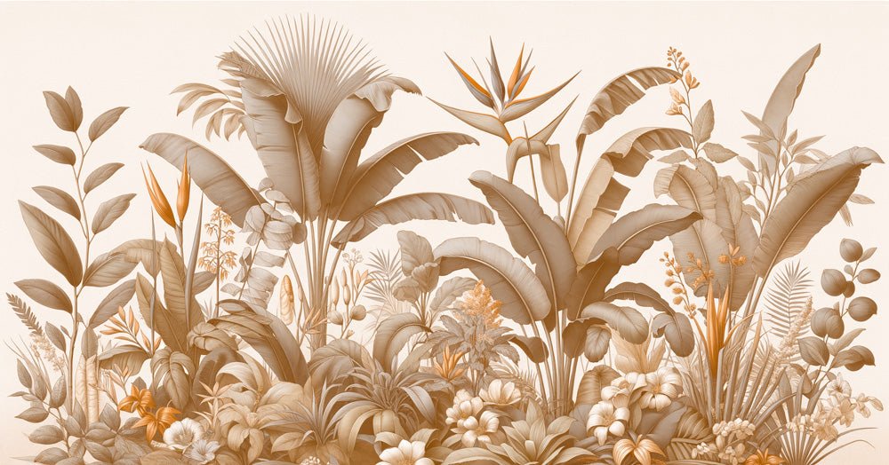 Tropical Jungle Wallpaper Mural | Banana Leaves and Various Flowers - Carving wallpaper