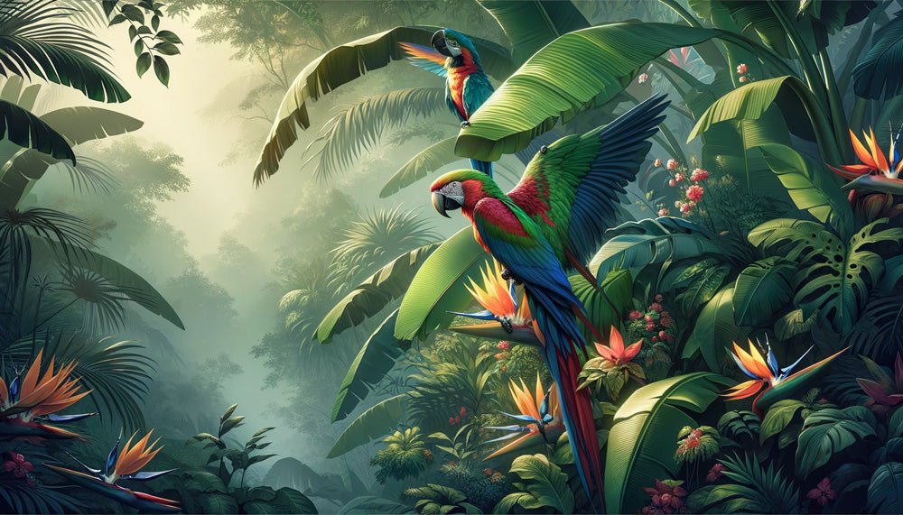 Tropical Jungle Wallpaper Mural | Colorful Parrots and Green Leaves - Carving wallpaper
